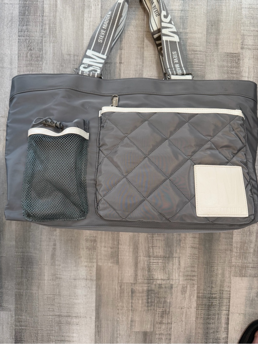 Steve Madden BJALEAH Gravity Grey Nylon Tote Bag Quilted Pocket Logo Straps